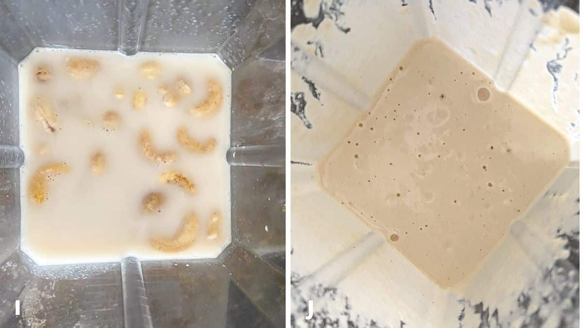 Left - cashews and milk in blender. Right - nuts and milk blended