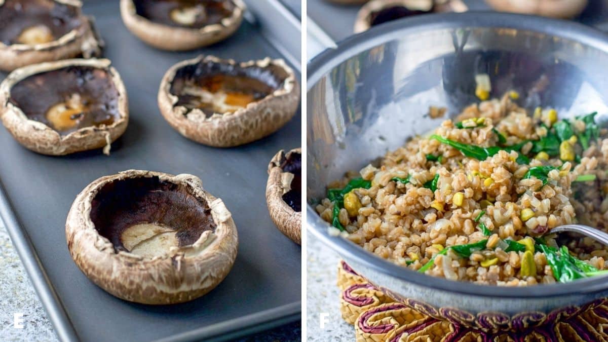 Left - a pan with portobello mushroom caps. Right - farro mixed in a metal bowl