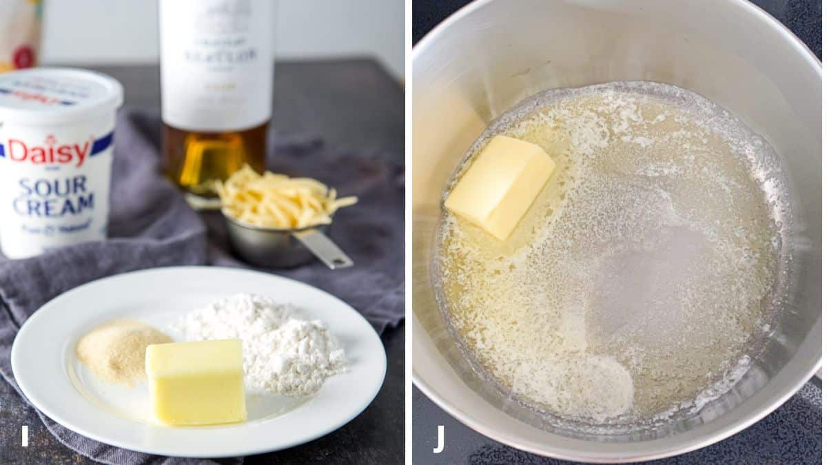 Left - butter, garlic powder, flour, sour cream, broth, cognac and gouda. Right - pan with butter melting