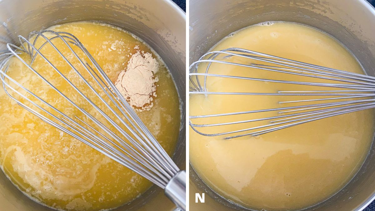 broth, cognac, and garlic powder added, then whisked until combined