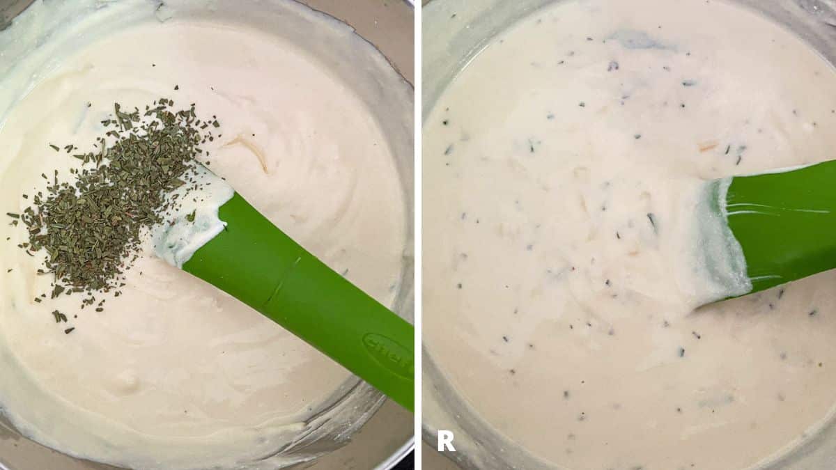 Dried tarragon added to sauce and then stirred