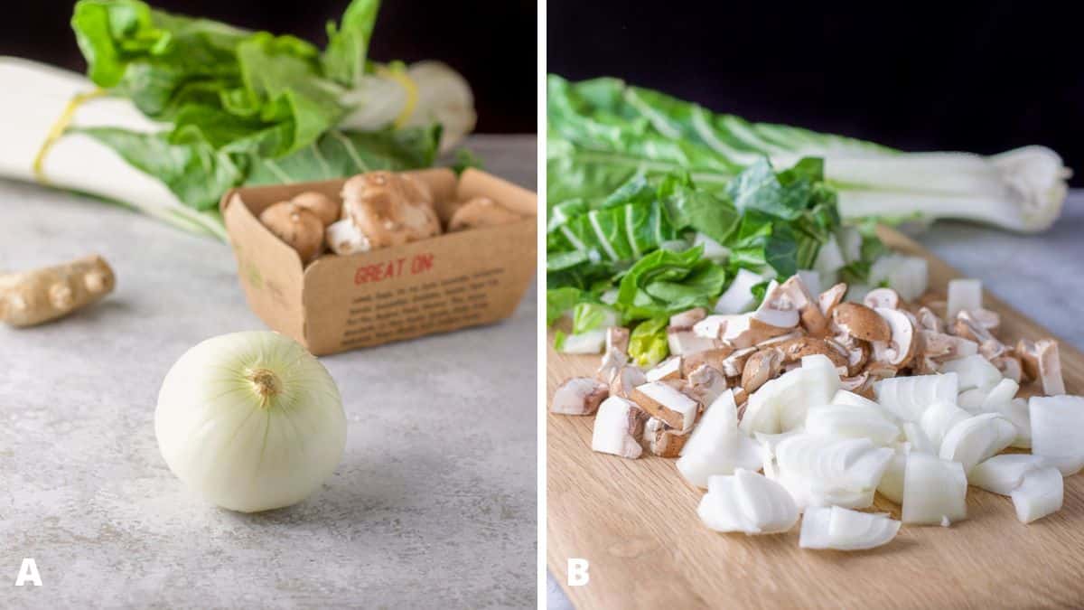 Left - onion, mushrooms, ginger and bok choy. Right - vegetables chopped up