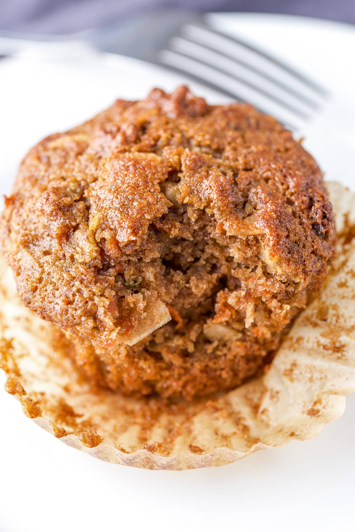 close up of a bit taken out of the morning glory muffin