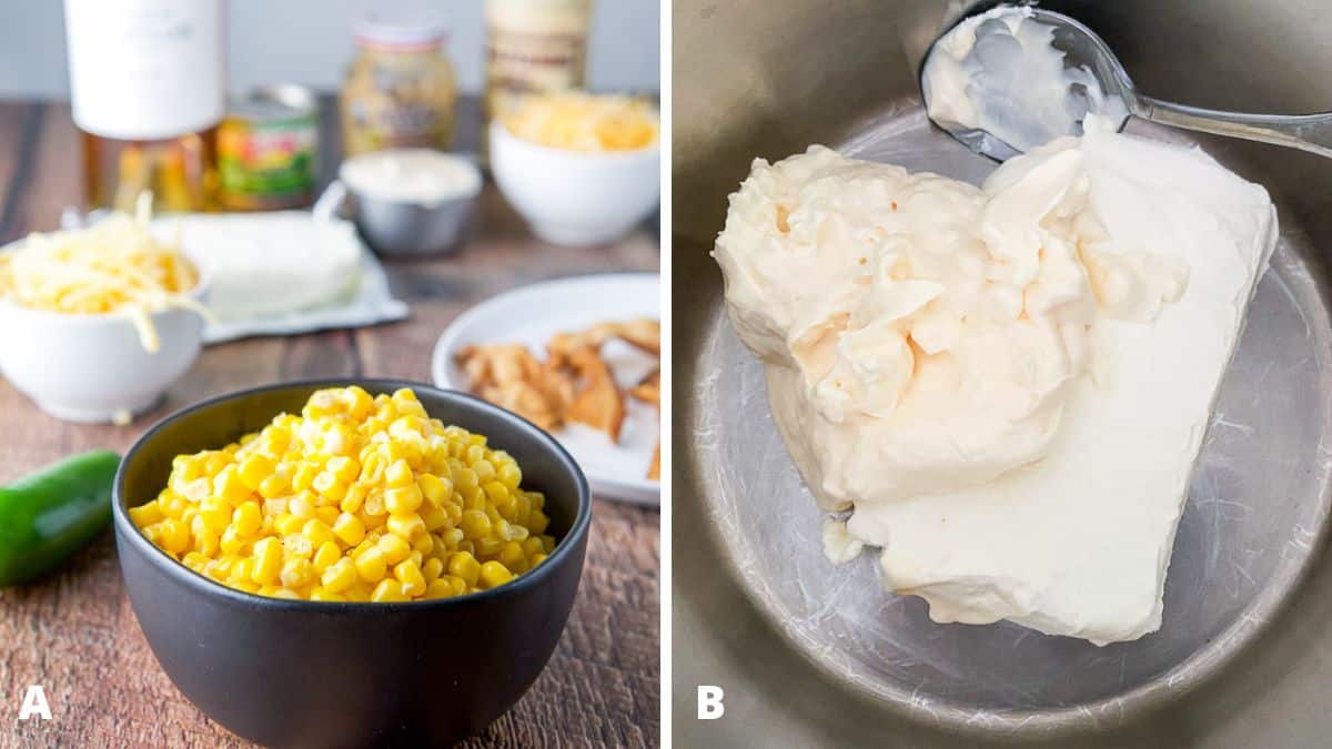 Left - corn, jalapeno, bacon, cheeses and other ingredients. Right - cream cheese and mayonnaise in a pan