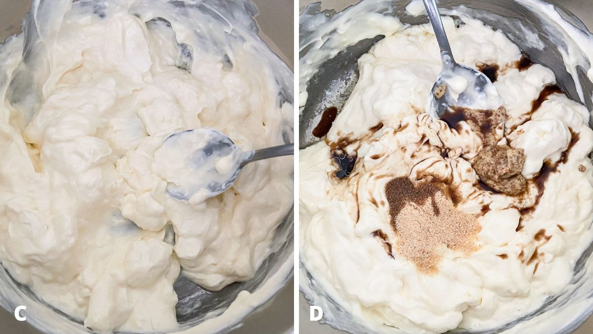 Left - melted cream cheese and mayo in a pan. Right - spices and worcester sauce in cream cheese