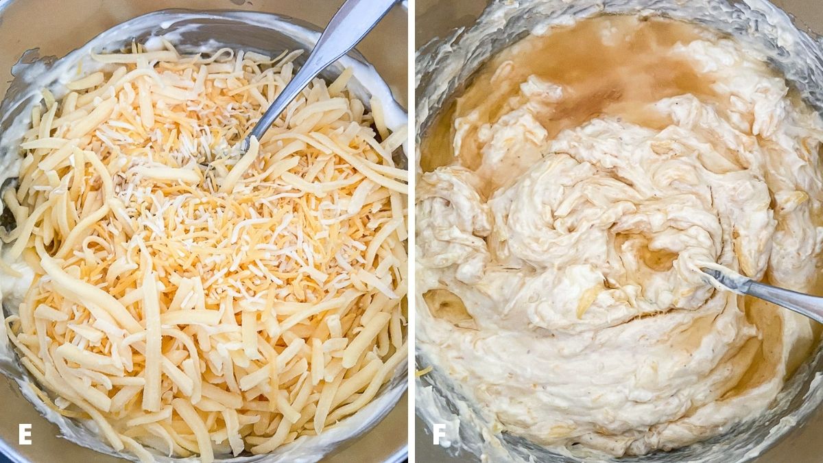 Left - shredded cheeses in the cream cheese. Right - cognac in the melted cheese/cream cheese