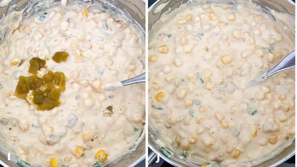 Left - green chiles added to the dip. Right - all the ingredients mixed in the dip