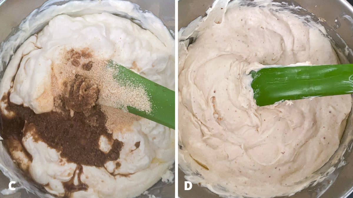 Garlic powder, onion powder, mustard, Worcestershire sauce, and horseradish in the cream cheese and then mixed
