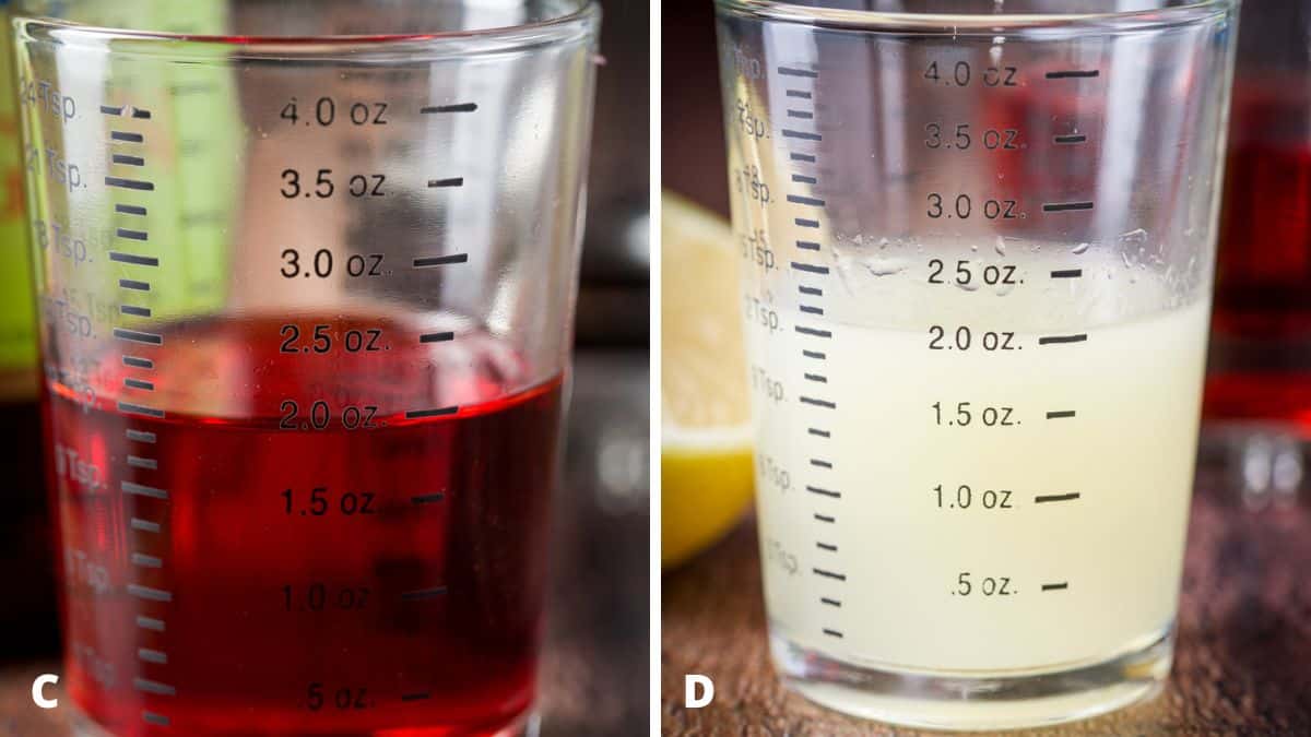 Sloe gin and lemon juice measured out