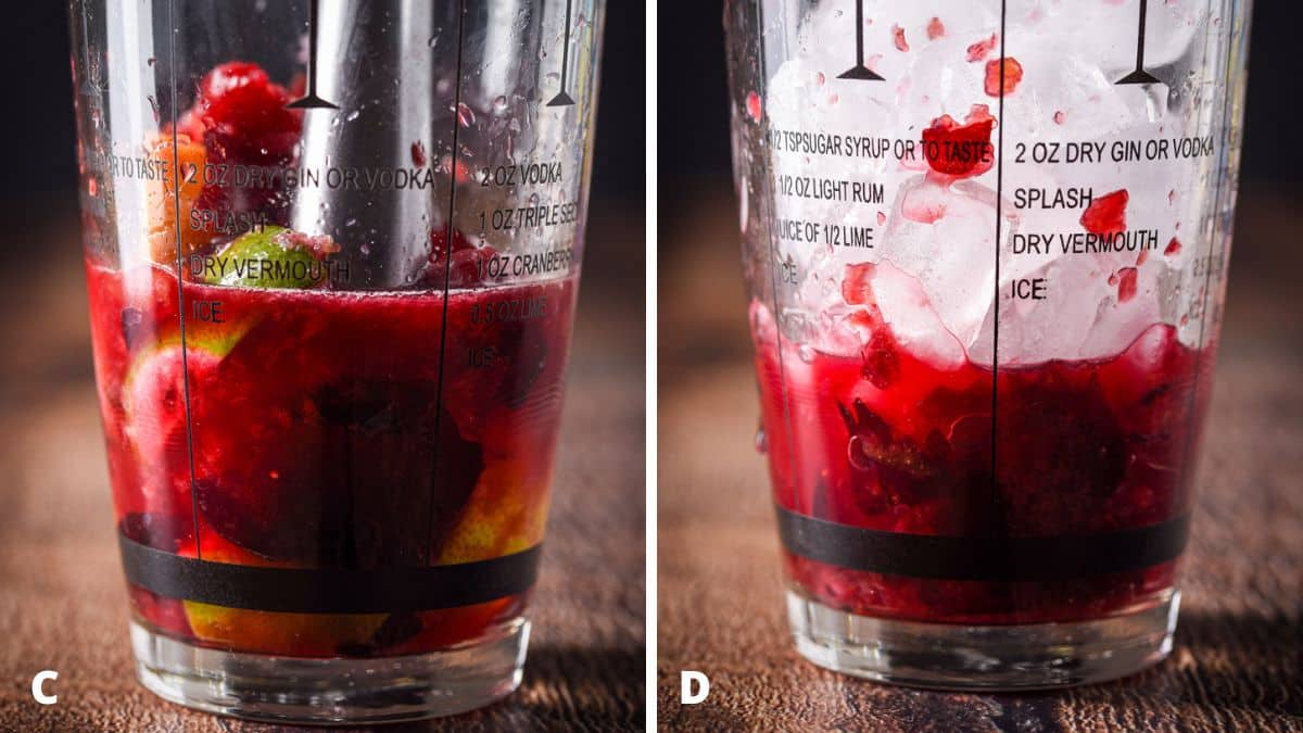 Fruit in the shaker that has been muddled and ice on top
