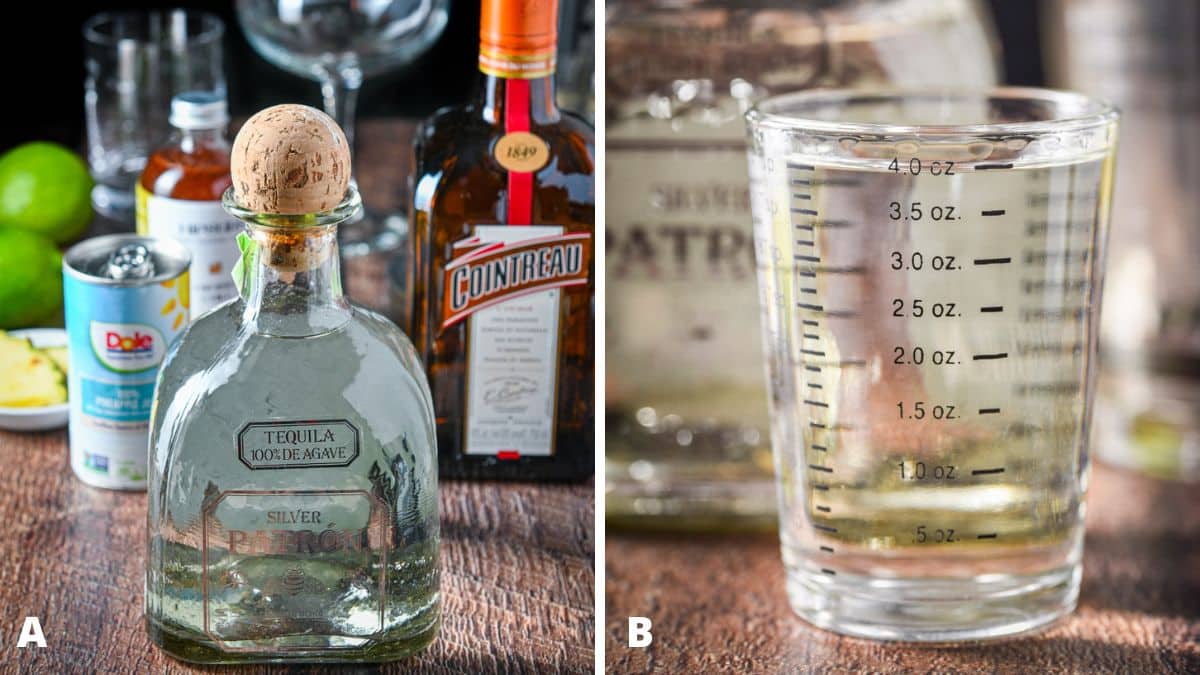 tequila, cointreau, limes, pineapple juice, simple syrup on a table - and then the tequila measured out