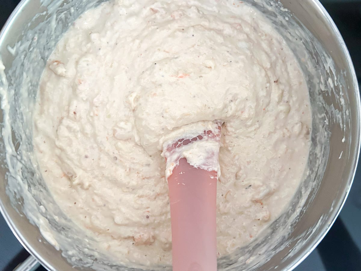 An overhead view of the shrimp dip in the pan