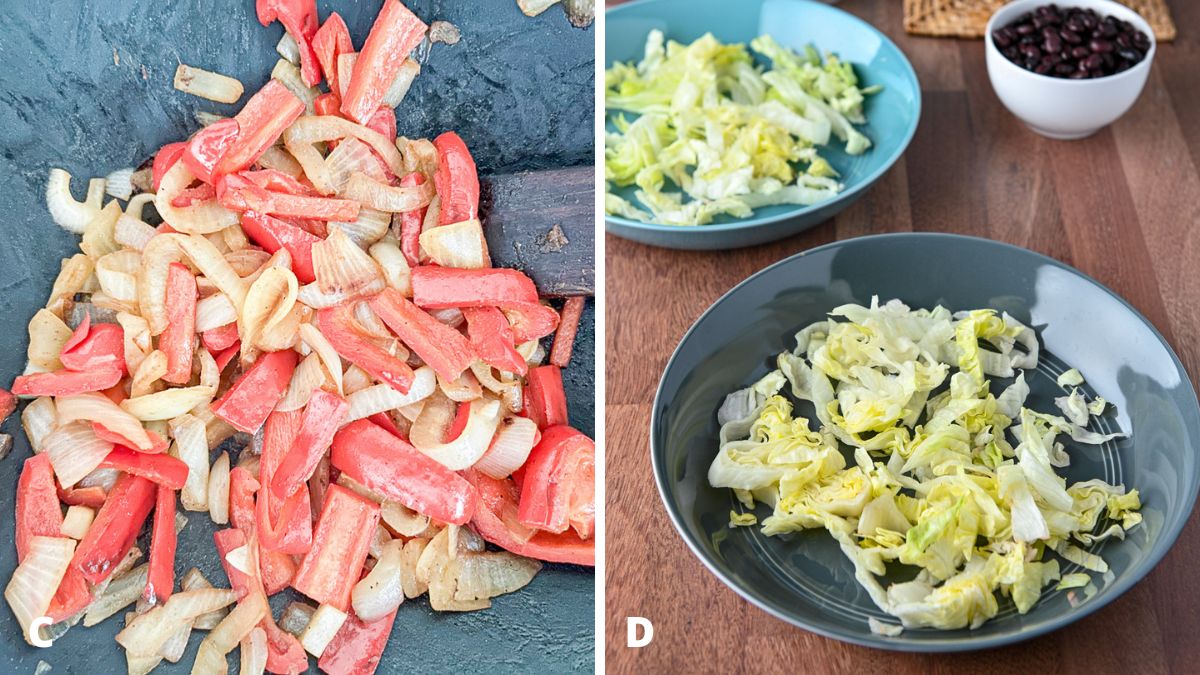 Cooked onion and pepper in a pan, and a dish with shredded lettuce in it