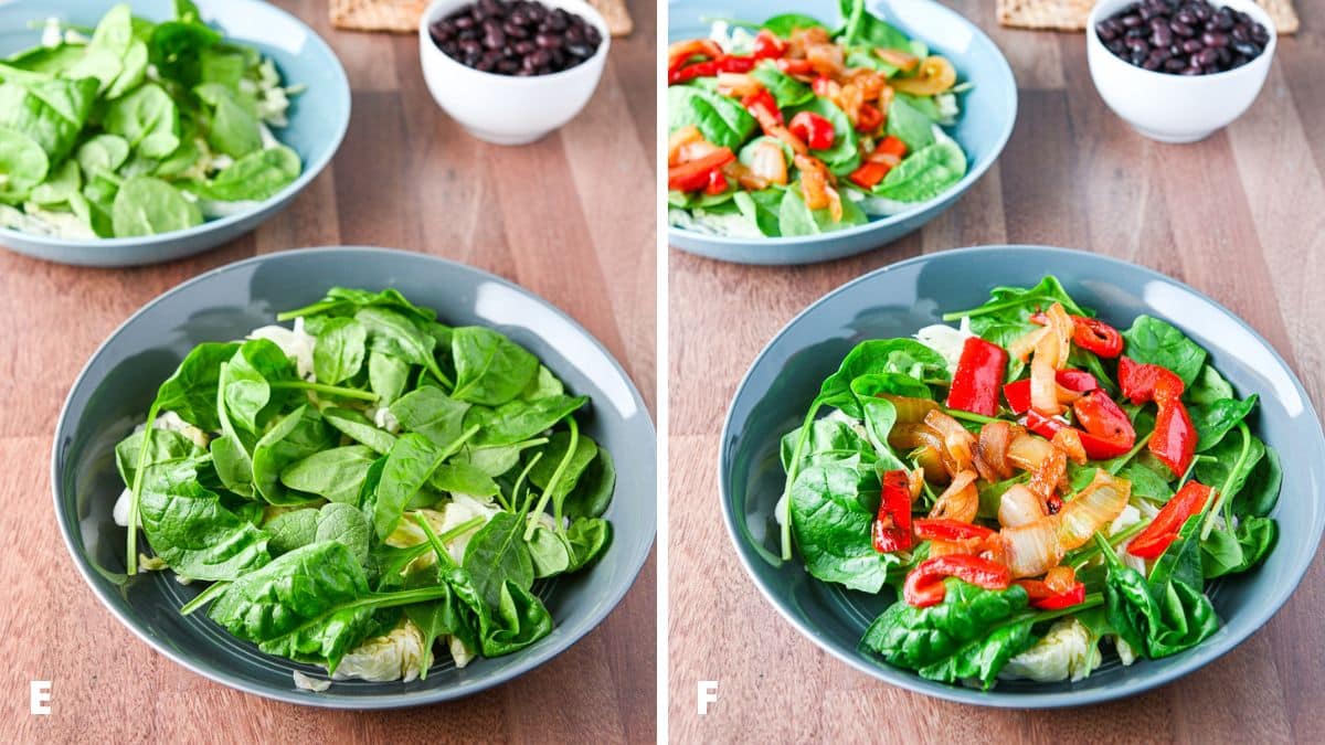 Bowls with spinach added on and then cooked onion and red bell pepper