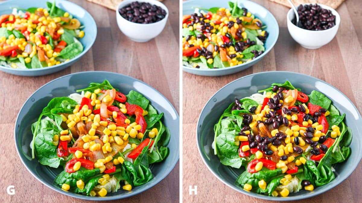 Bowls with corn added on and then black beans