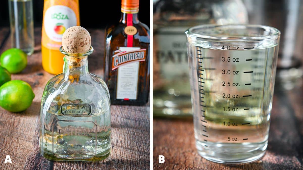 Left: tequila, cointreau, limes, simple syrup and mango juice. Right - tequila poured out