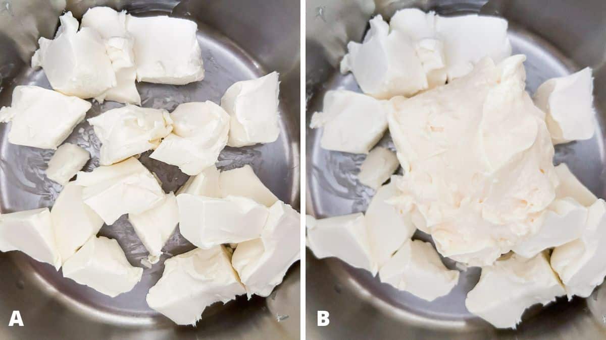 Cream cheese in a pan and the addition of mayonnaise