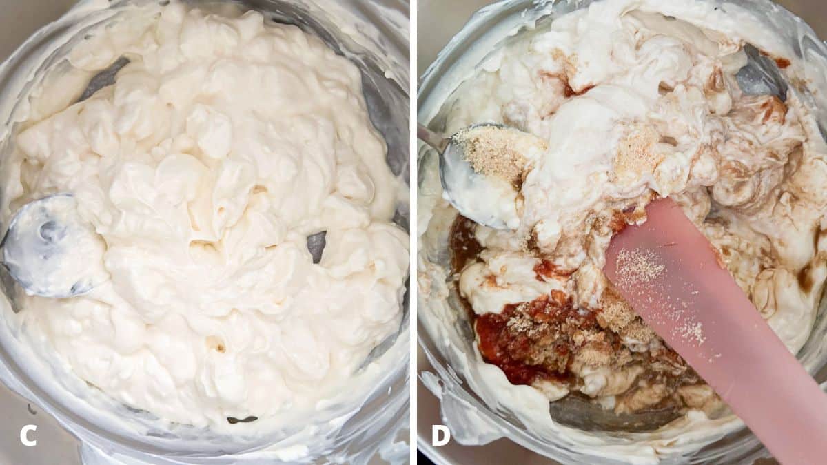 Melted mayo and cream cheese and then the addition of spices, sauces and a pink spatula