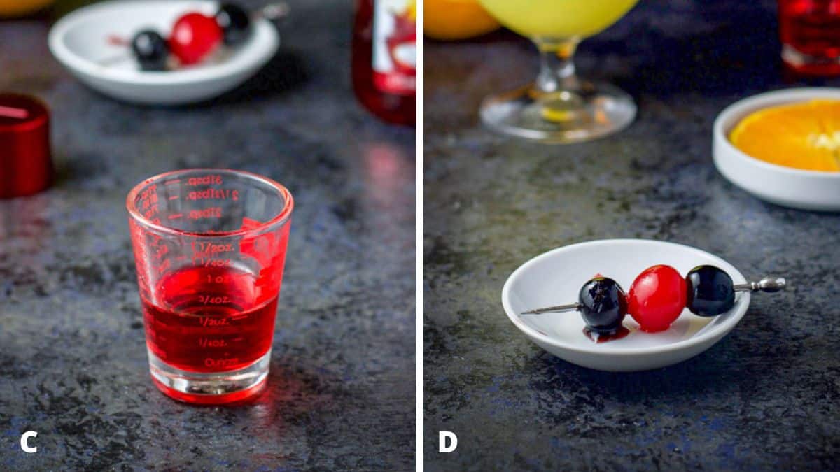 Grenadine measured out and cherries on a pick as garnish