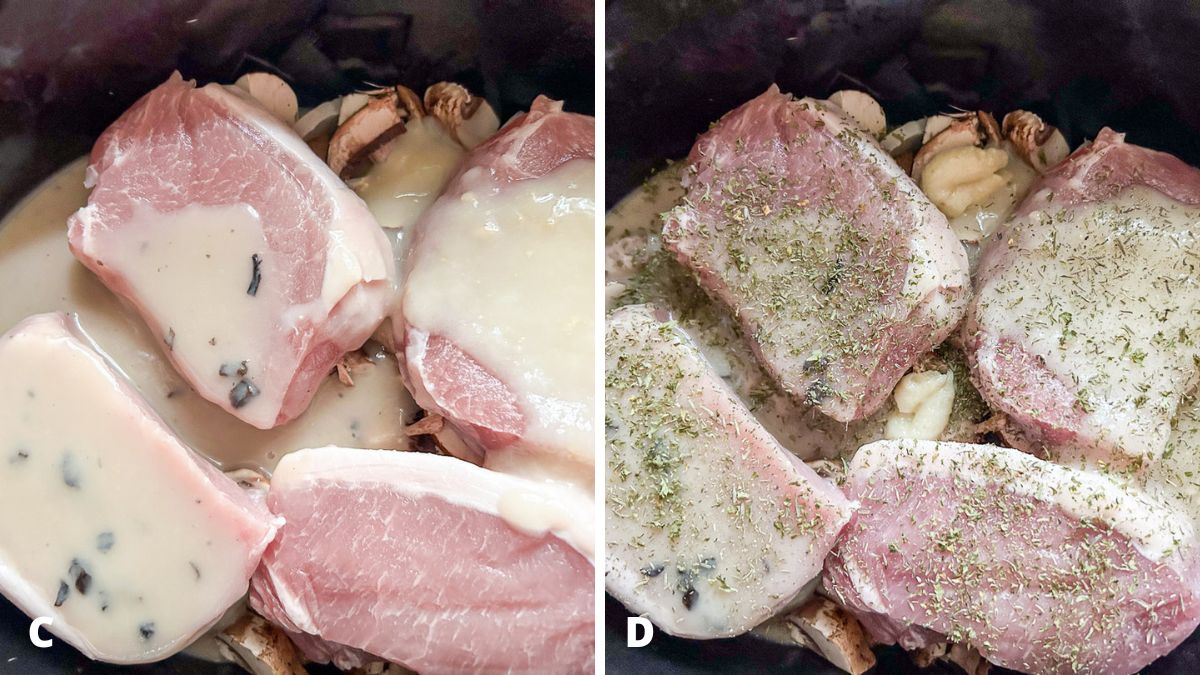 overhead view of condensed soup poured on the pork chops and then herbs and spices on top in the slow cooker container