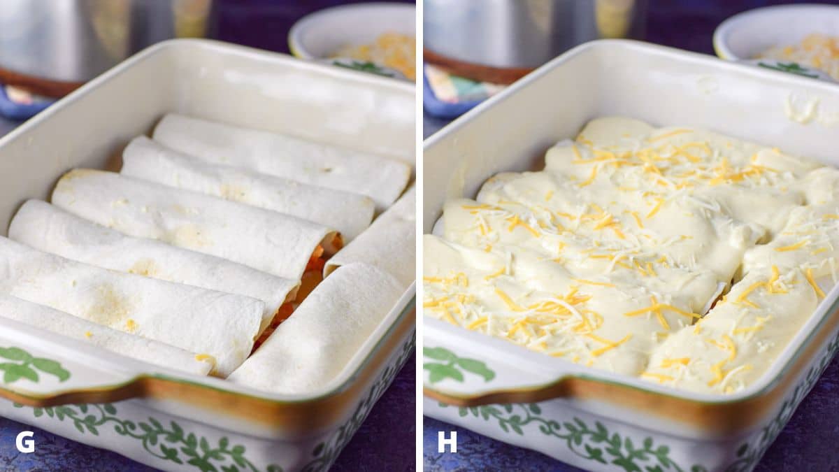 A ceramic 13 x 9 pan with rolled up tortillas and then sauce and cheese on top