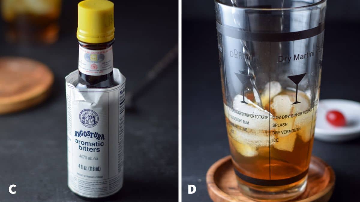 Left - a bottle of bitters. Right - a shaker with the cocktail in it with a cocktail spoon