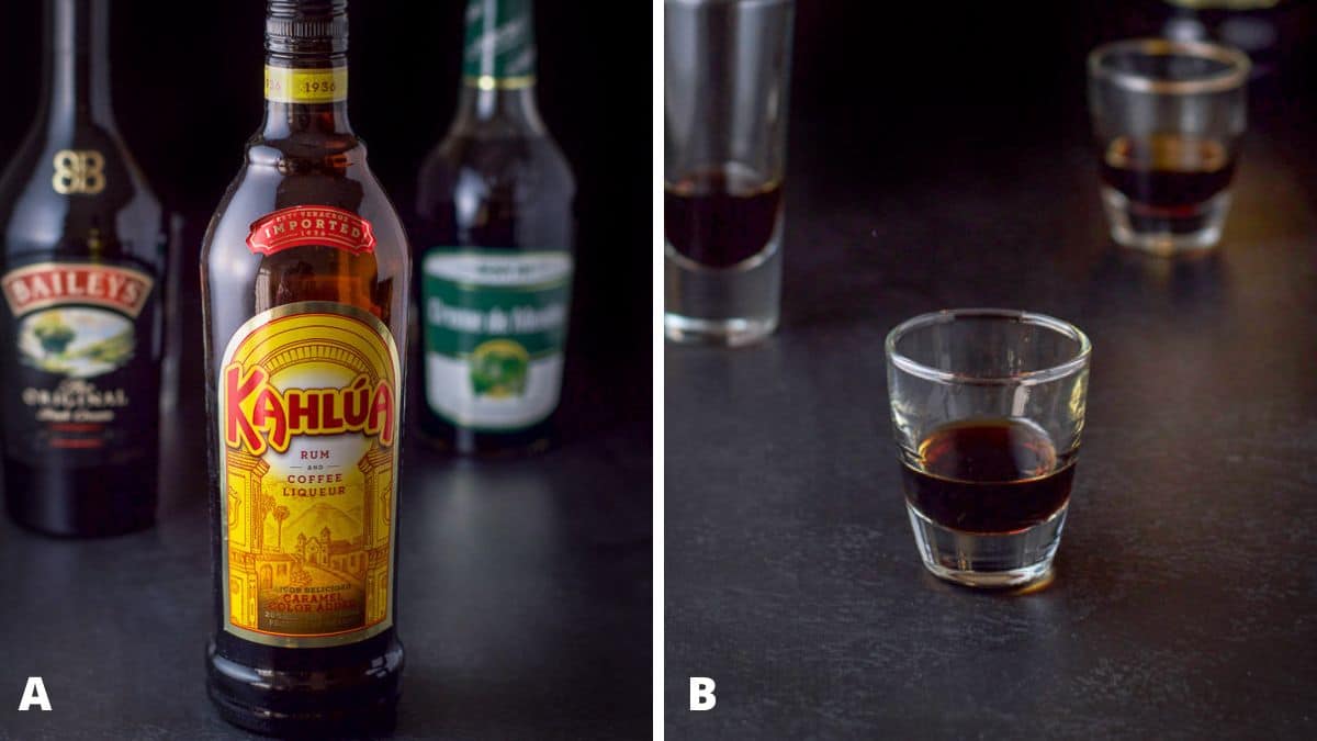 Left - Kahlua, Baileys Irish cream and creme de menthe on a black table. Right - kahlua measured out
