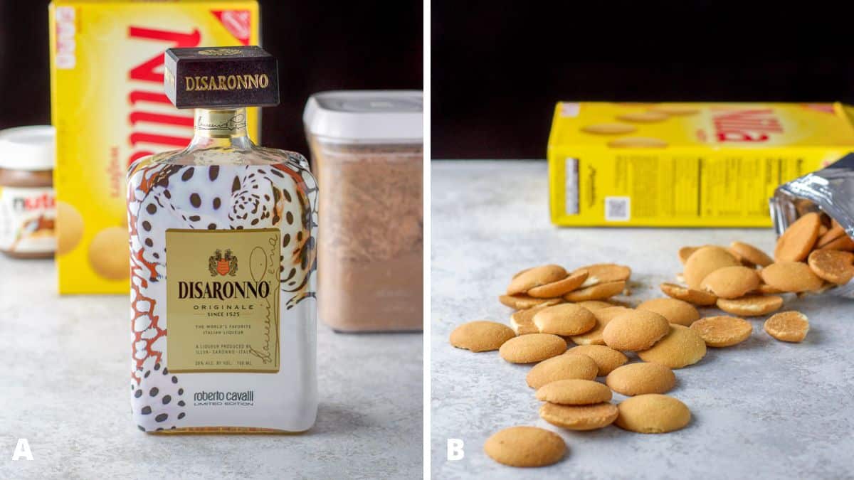 Left - Amaretto, Nilla wafers, cocoa powder and nutella. Right - Nilla wafers strewn on the table with the box in back