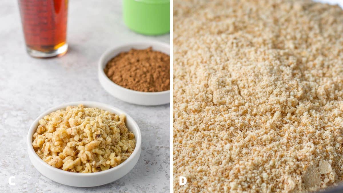 Left - chopped walnuts, cocao, amaretto. Right - the Nilla wafers ground into flour