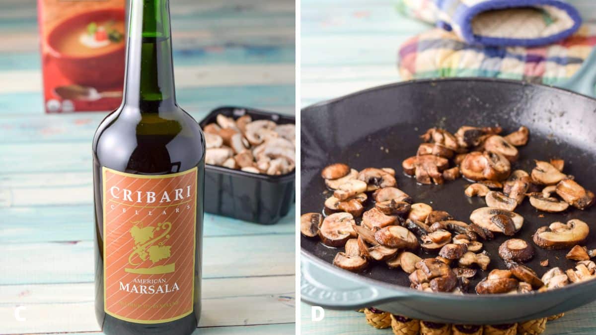 Left - marsala wine, mushrooms, and chicken broth on a table. Right - a skillet with mushrooms cooked