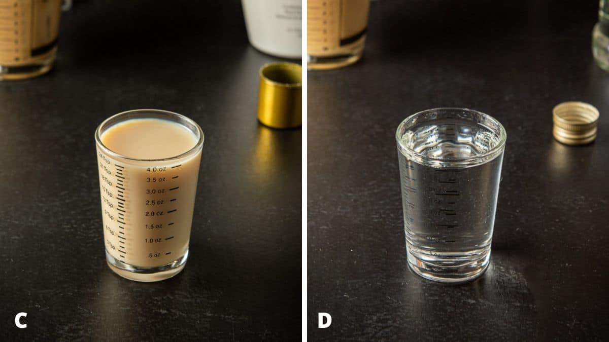 Rum Chata and caramel vodka measured out