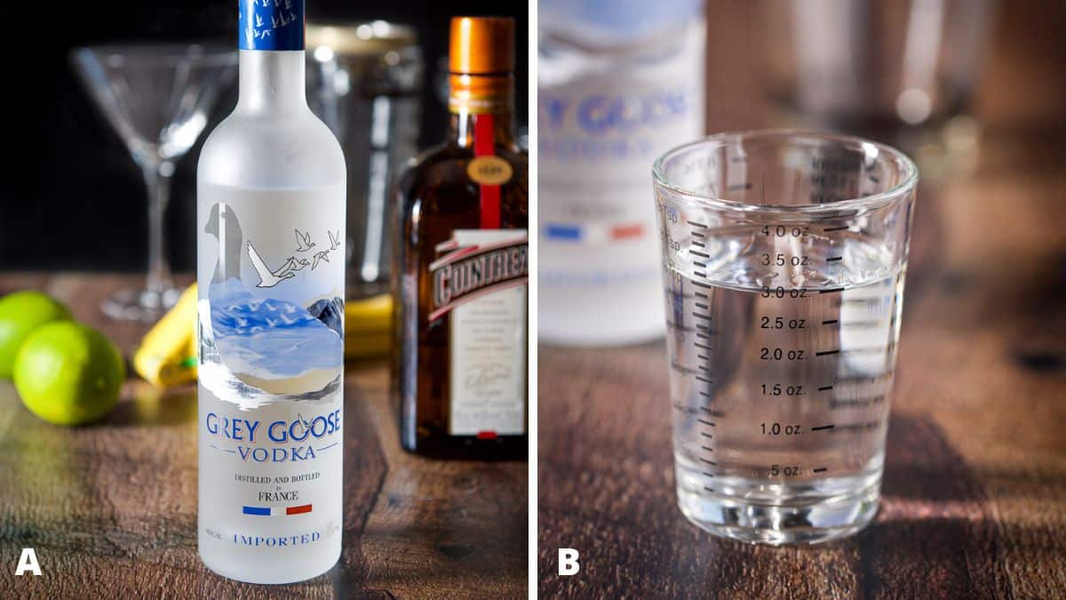 Left - Vodka, Cointreau, limes and glassware on a table. Right - vodka measured out
