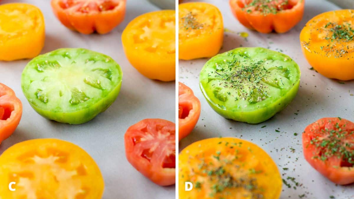 The tomato halves on a pan with parchment paper and then herbs and oil on top