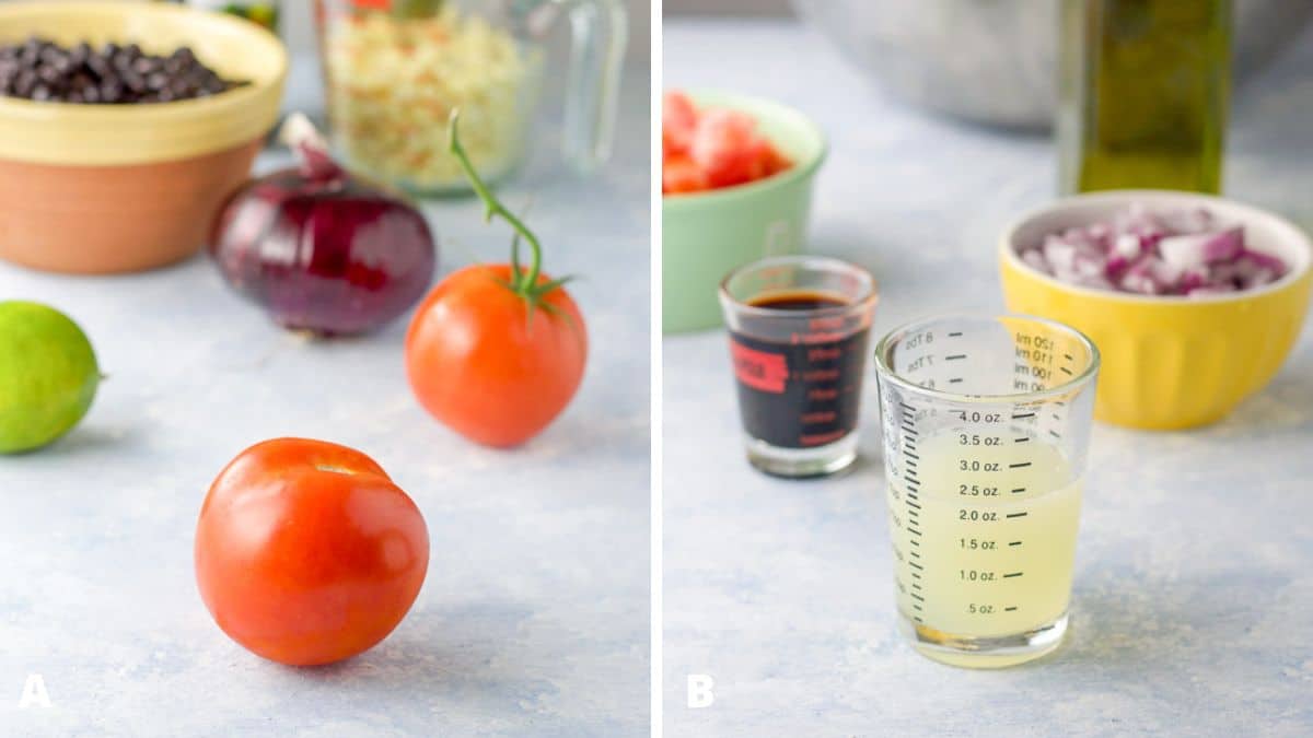 Left - Tomatoes, lime, purple onion, corn and oil and vinegar on a blue table. Right - Lime juice, olive oil, balsamic, cut onion and tomatoes with a metal bowl in the background