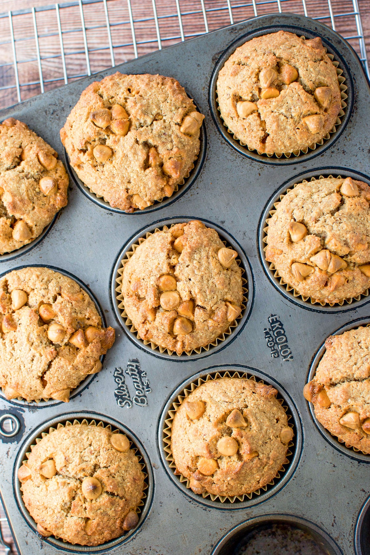 Overhead view of the muffins still in the pan