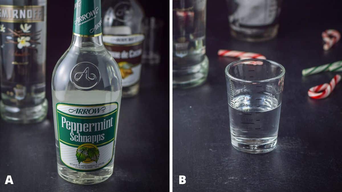 Left - peppermint schnapps, vodka, creme de cacao. Right - vanilla vodka measured out