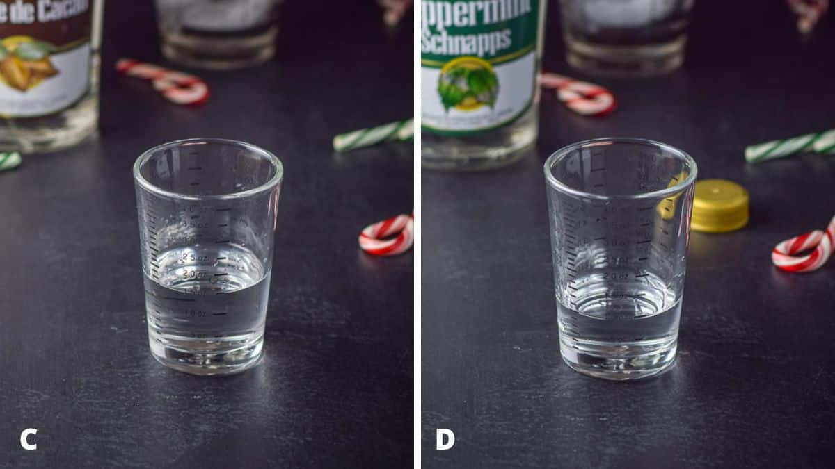 Creme de cacao and peppermint schnapps measured out