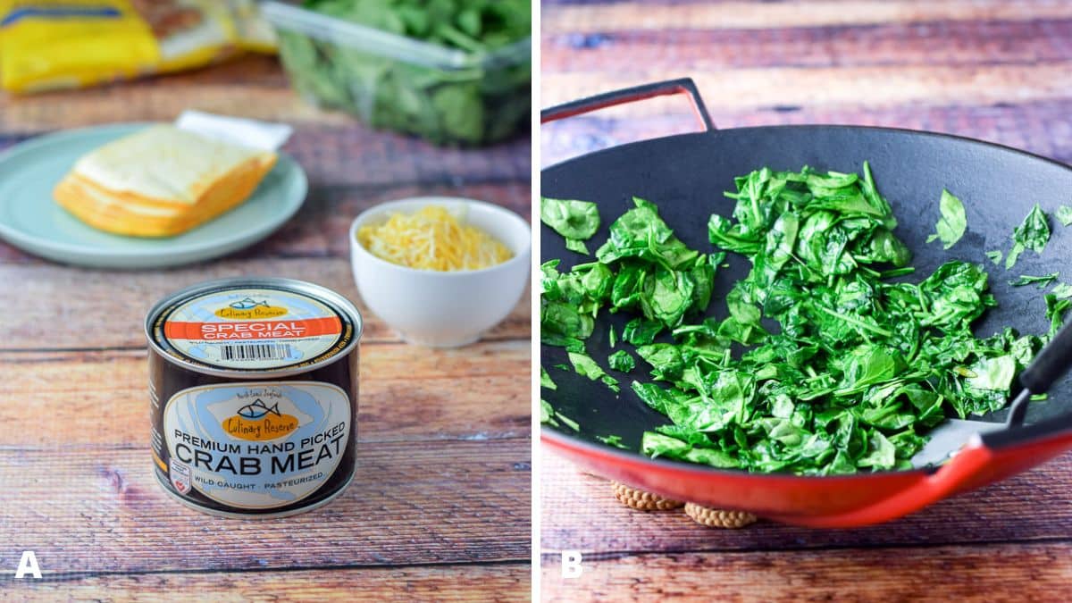 Left - Crab meat, cheeses, spinach and tortillas on a table. Right - Spinach sautéed in a red wok