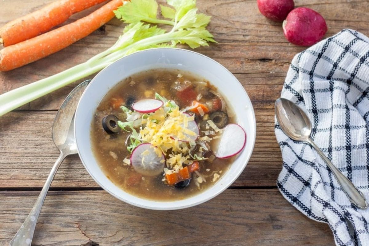 A bowl with soup.