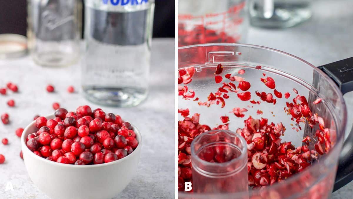 Left - cranberry and vodka on a table. Right - Chopped up cranberries in a food processor