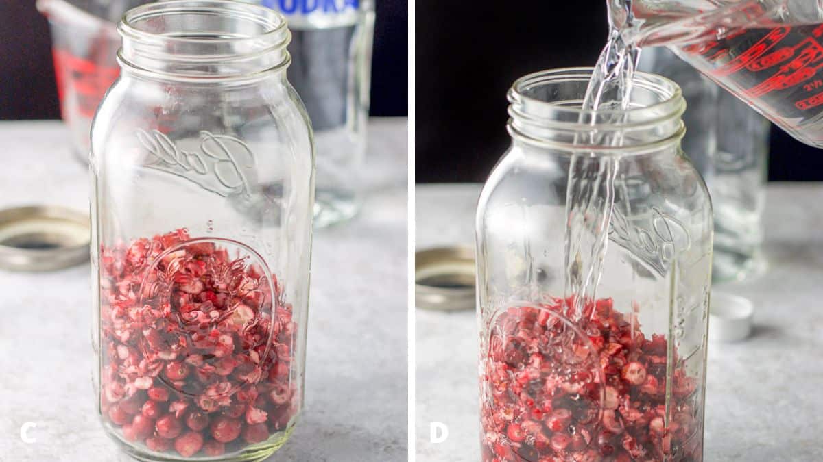 Left - cut up cranberries in a glass jar. Right - and vodka being poured into the jar