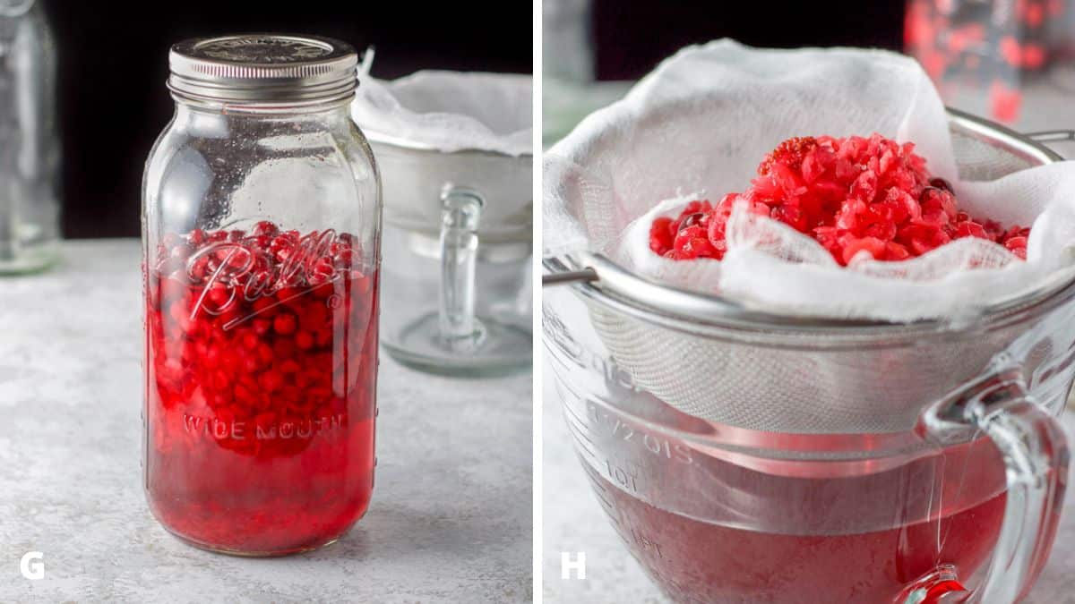 Left - a jar with the cranberries and vodka fully infused. Right - cranberries poured out of the jar into cheesecloth with vodka in a bowl