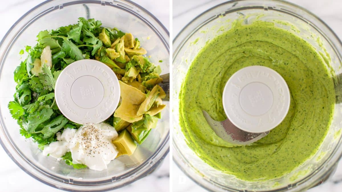 All the ingredients in the processor and then processed to a creamy avocado dressing