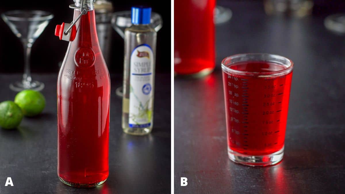 Left - Cranberry vodka, simple syrup, and limes on the table with glasses and a shaker. Right - Cranberry vodka poured out