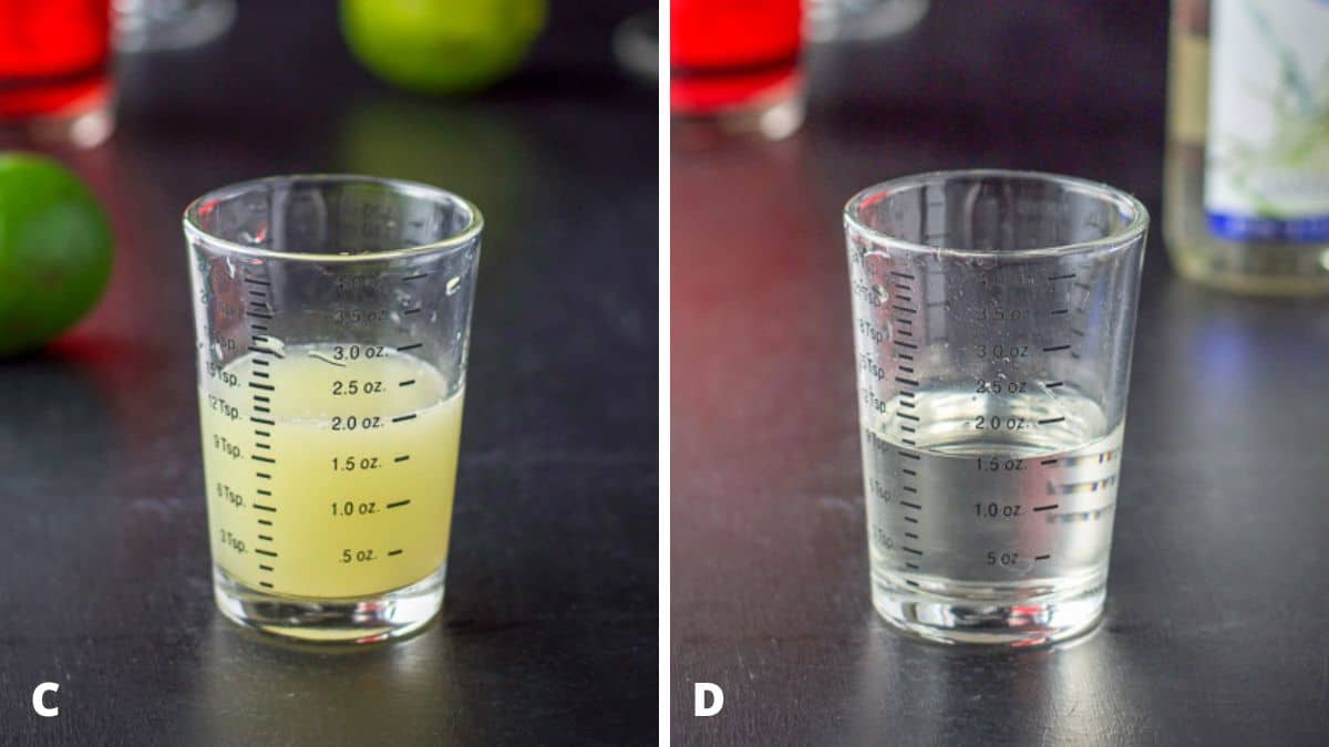 Left - Fresh squeezed lime juice poured plus limes. Right - Simple syrup poured out
