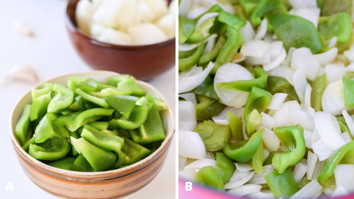 Left - Green bell pepper, onions, mushrooms and garlic on a white table. Right - Sautéed bell pepper and onion in the stockpot