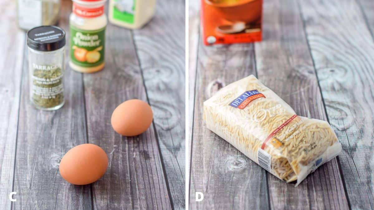 Left - Eggs, tarragon, onion and garlic powder and chicken on a grey table. Right - a package of orzo and chicken broth on a table
