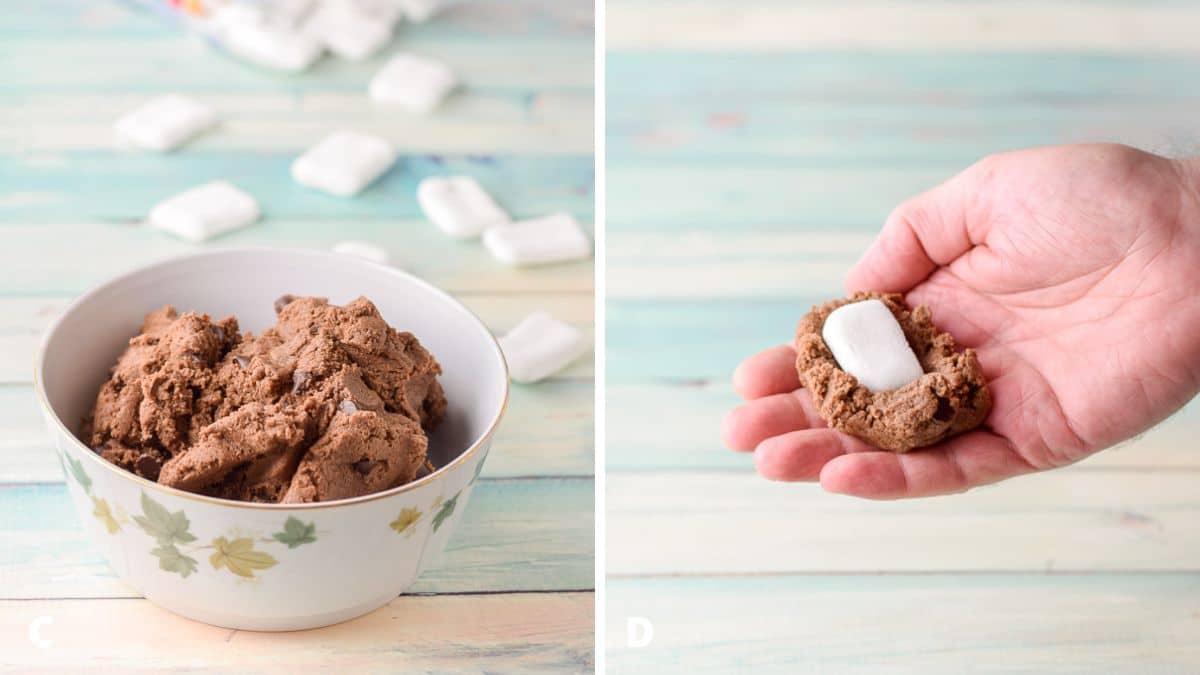 Left - a small bowl filled with the chocolate cookie dough with marshmallows in the back. Right - a male hand with a ball of dough with a marshmallow pressed into it