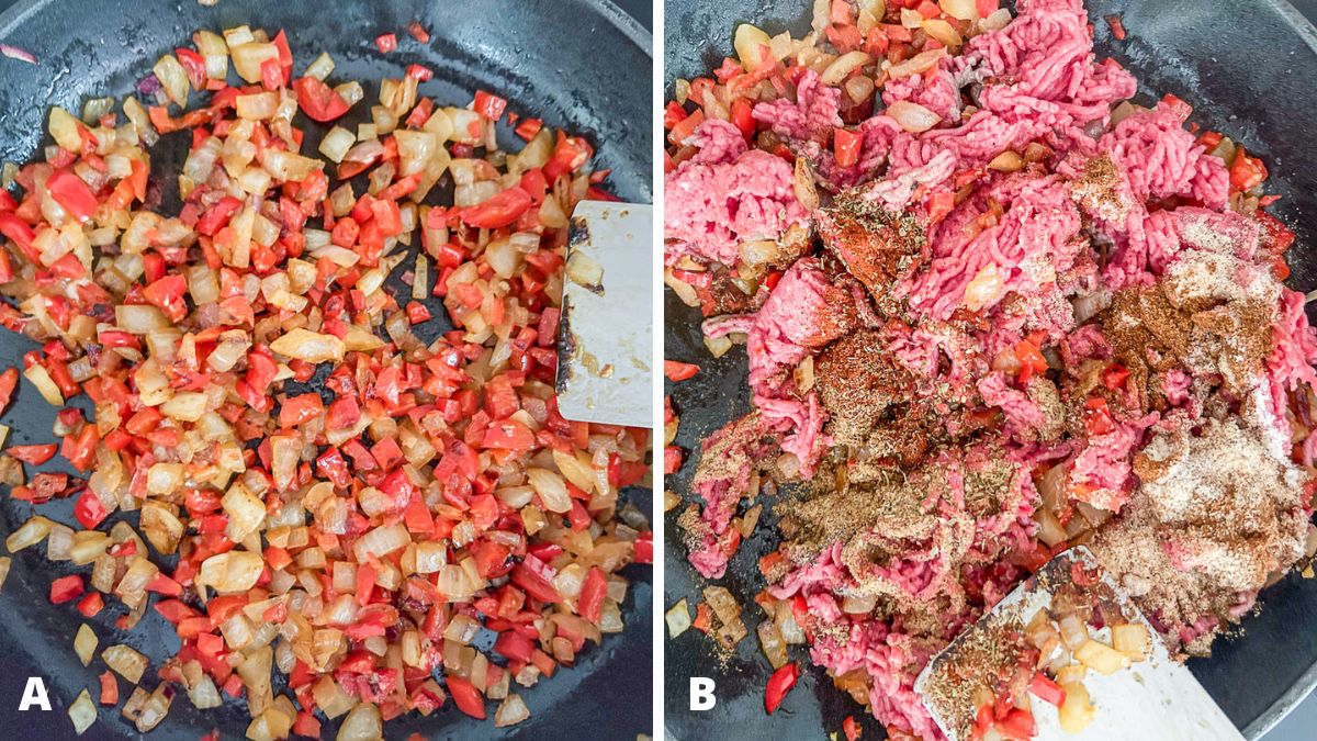 Left - diced onions, red bell pepper, and garlic sautéed. Right - ground beef, herbs, and spices added