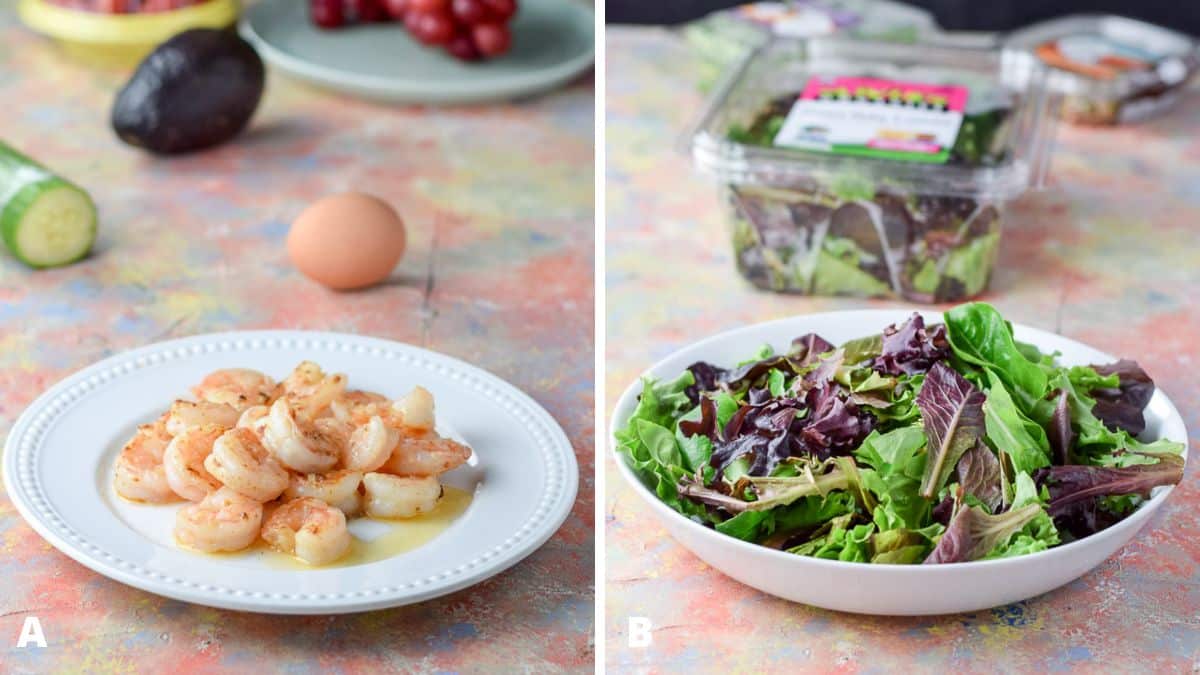 Left - cooked shrimp on a plate, with cucumber, egg, avocado, tomatoes, and grapes. Right - mixed greens in a white bowl with more lettuce in back with micro greens